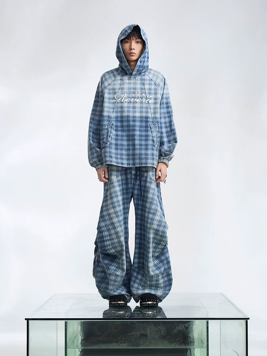 Blue Plaid Balloon Leg Parachute Jeans