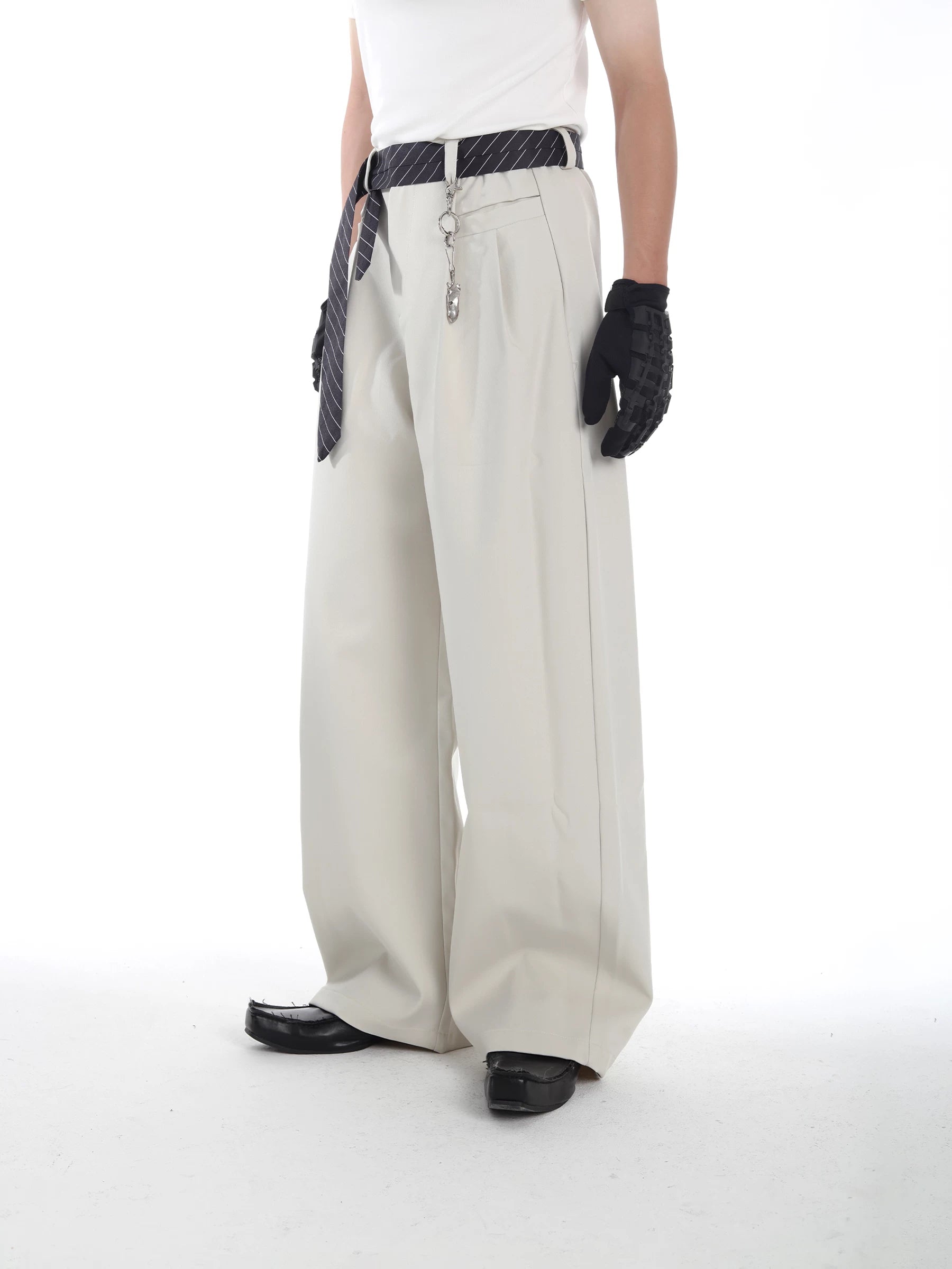 Pinstripe Belt Wide-Leg Trousers