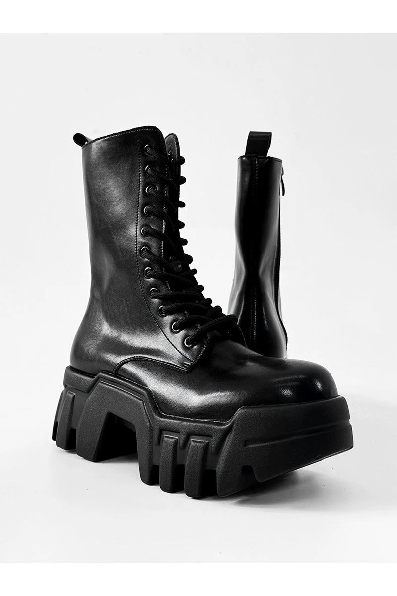 Futuristic Black Zip Platform Combat Boots