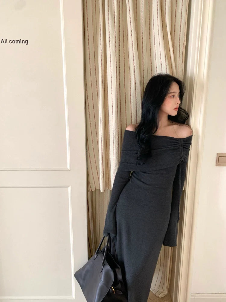 Shirred Lapel Knitted Blouse and Maxi Skirt Setup