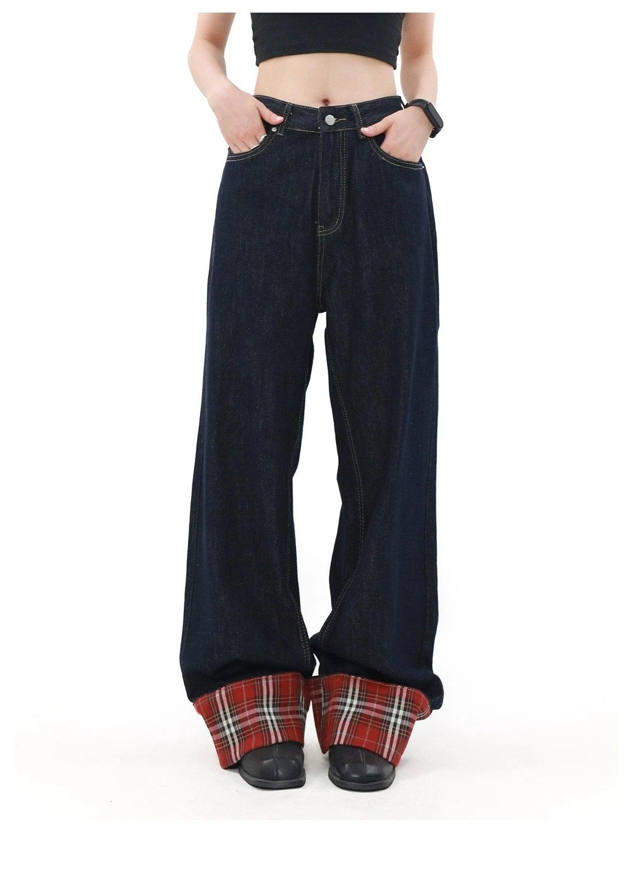 Jeans anchos de la pierna con fastidio a cuadros de mrnearly: mezclilla clásica unisex con un toque