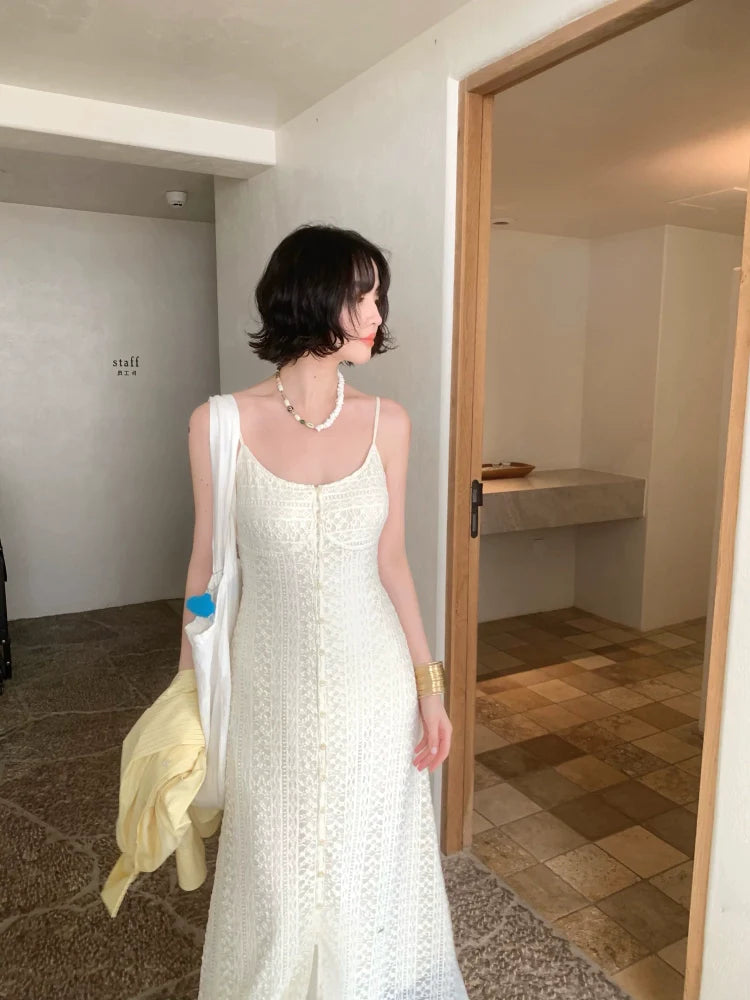 French Ivory Lace Sleeveless Maxi Dress