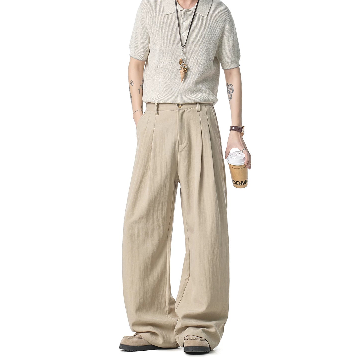 Latte Pleat Relaxed Wide-Leg Trousers