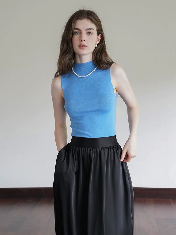 French Semi-High Neck Wool Knit Seamless Blue Tank Top - chiclara