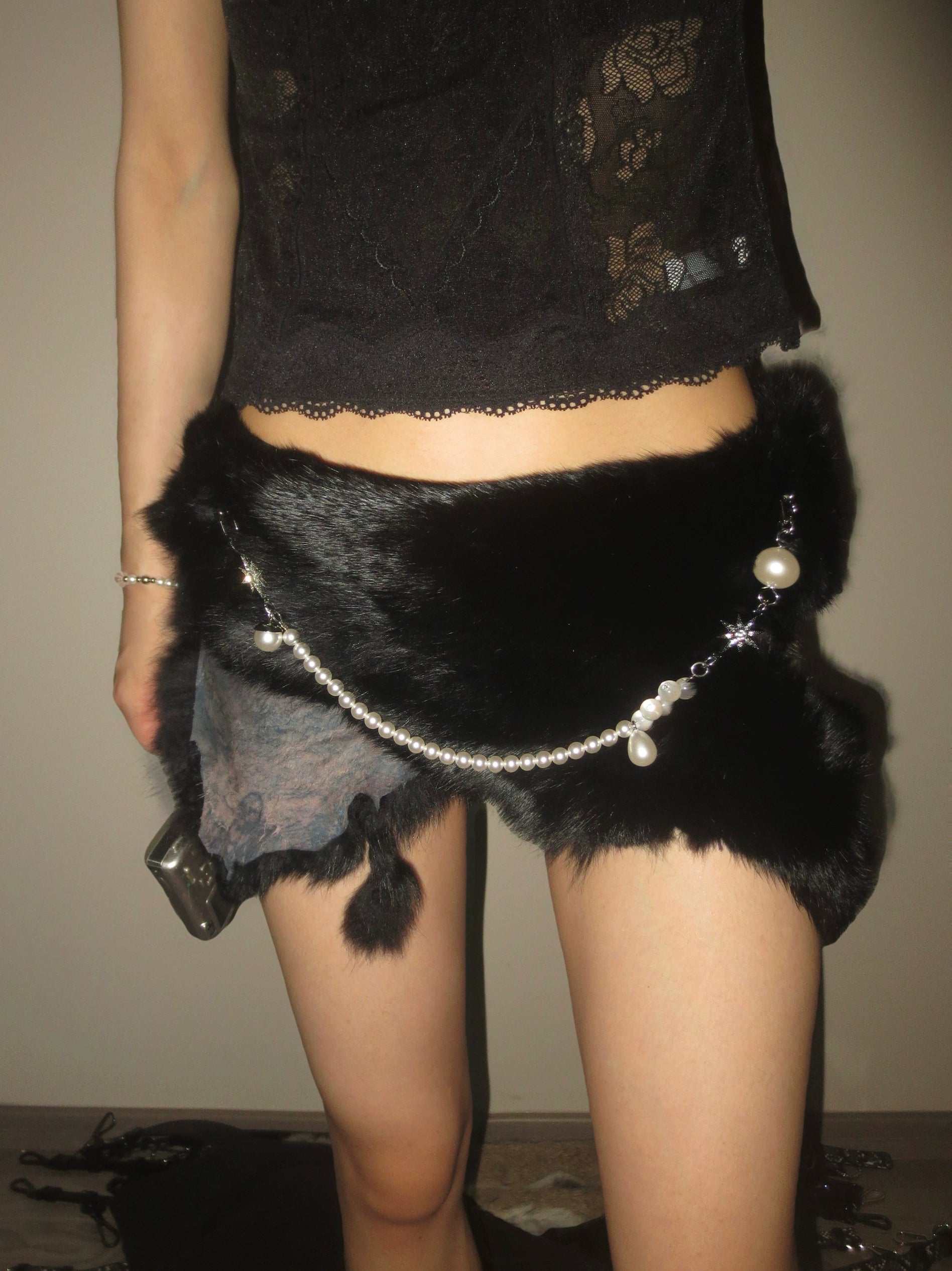 Black Rabbit Fur Pearl Chain Belt