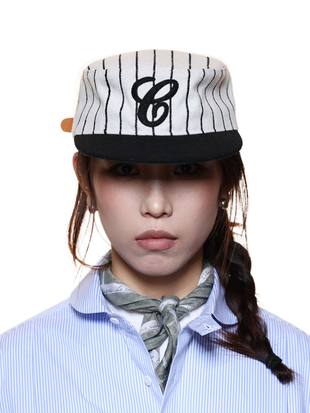 Pinstripe Wool-Blend C-Embroidered Cap - Black Embroidery - Worn front - view 2