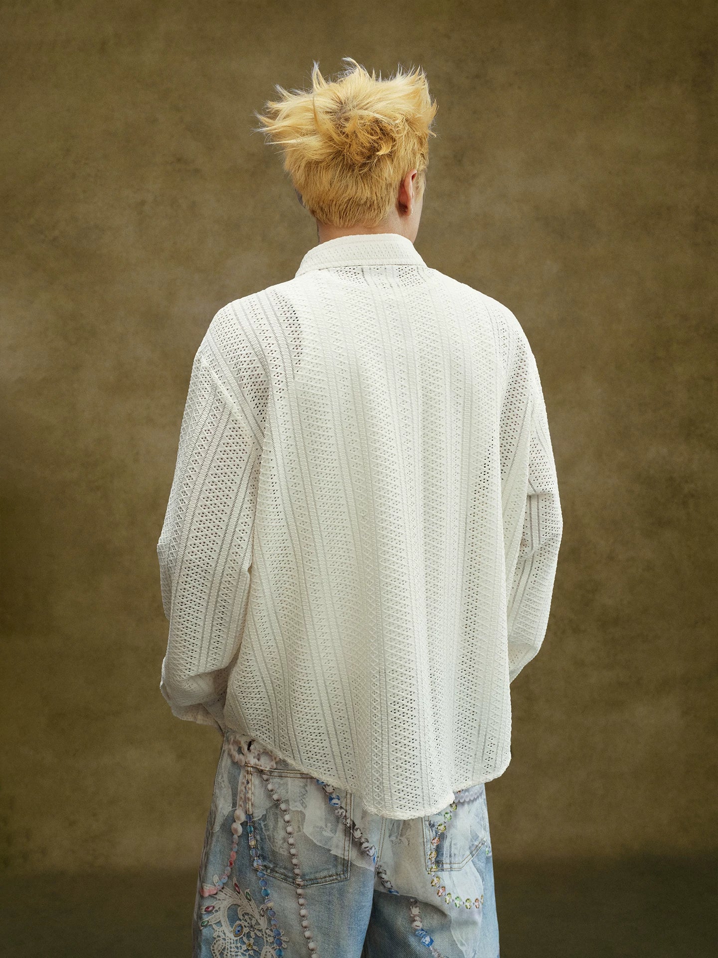 Ivory Embroidered Bird Lace Long Sleeve Shirt