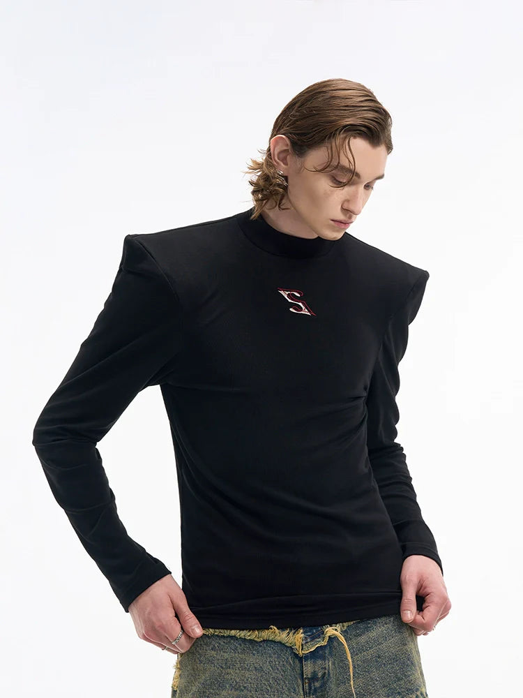 Sharp Shoulder Mock Neck T-Shirt