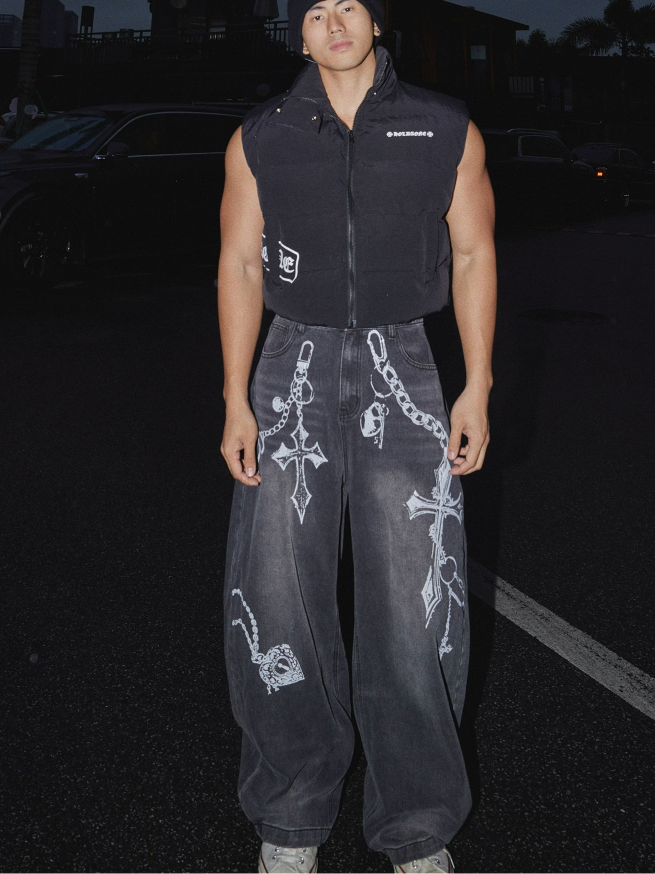 Crucifix Chain Graffiti Wide-Leg Jeans