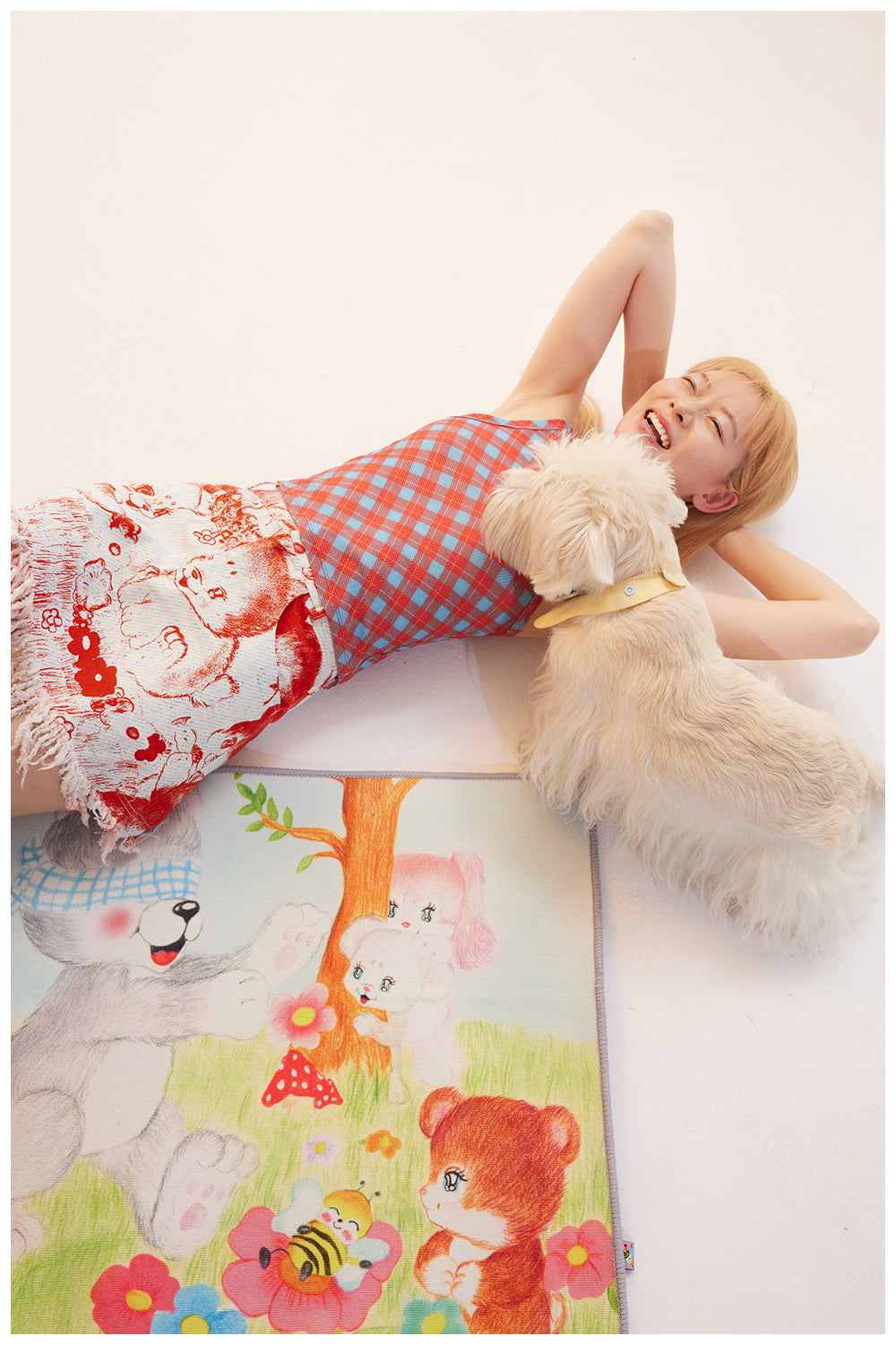 Puppy Print Frayed Denim Skirt