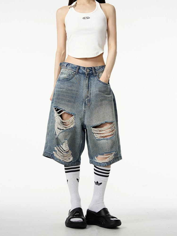 Distressed Ripped Denim Bermuda Shorts