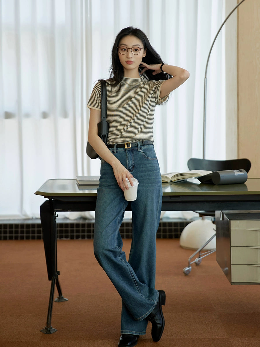 Mid-neck Knitted Short-sleeve T-shirt