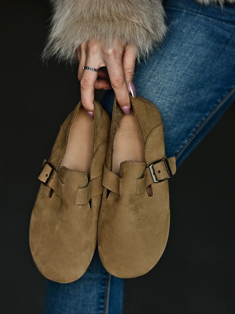 Tan Buckle Leather Slip Loafers