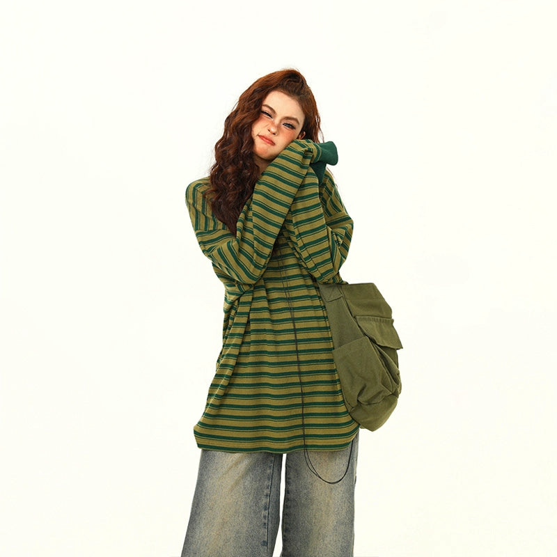 Green and Yellow Striped Oversized Long Sleeve Tee