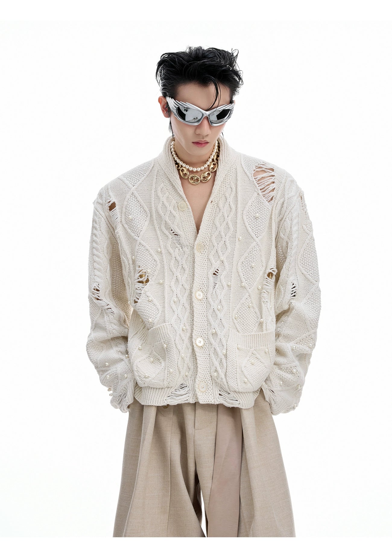 Distressed Pearl Embellished Knit Cardigan