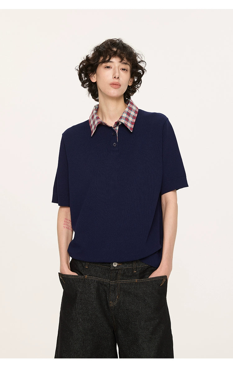 Contrast Plaid Collar Knit Polo Shirt