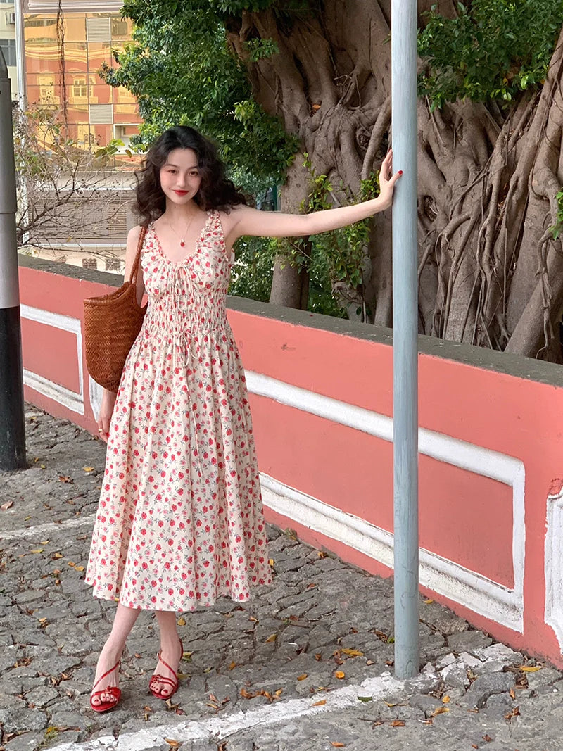 Puff-Sleeve Maxi Dress with Red Floral Print