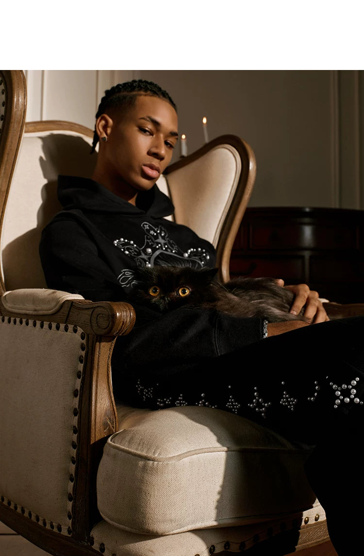 Pearl Embellished Mystic Cat Graphic Hoodie