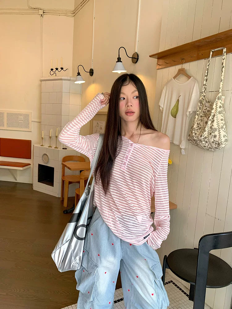 Blush Breeze Off‑Shoulder Stripe Tee