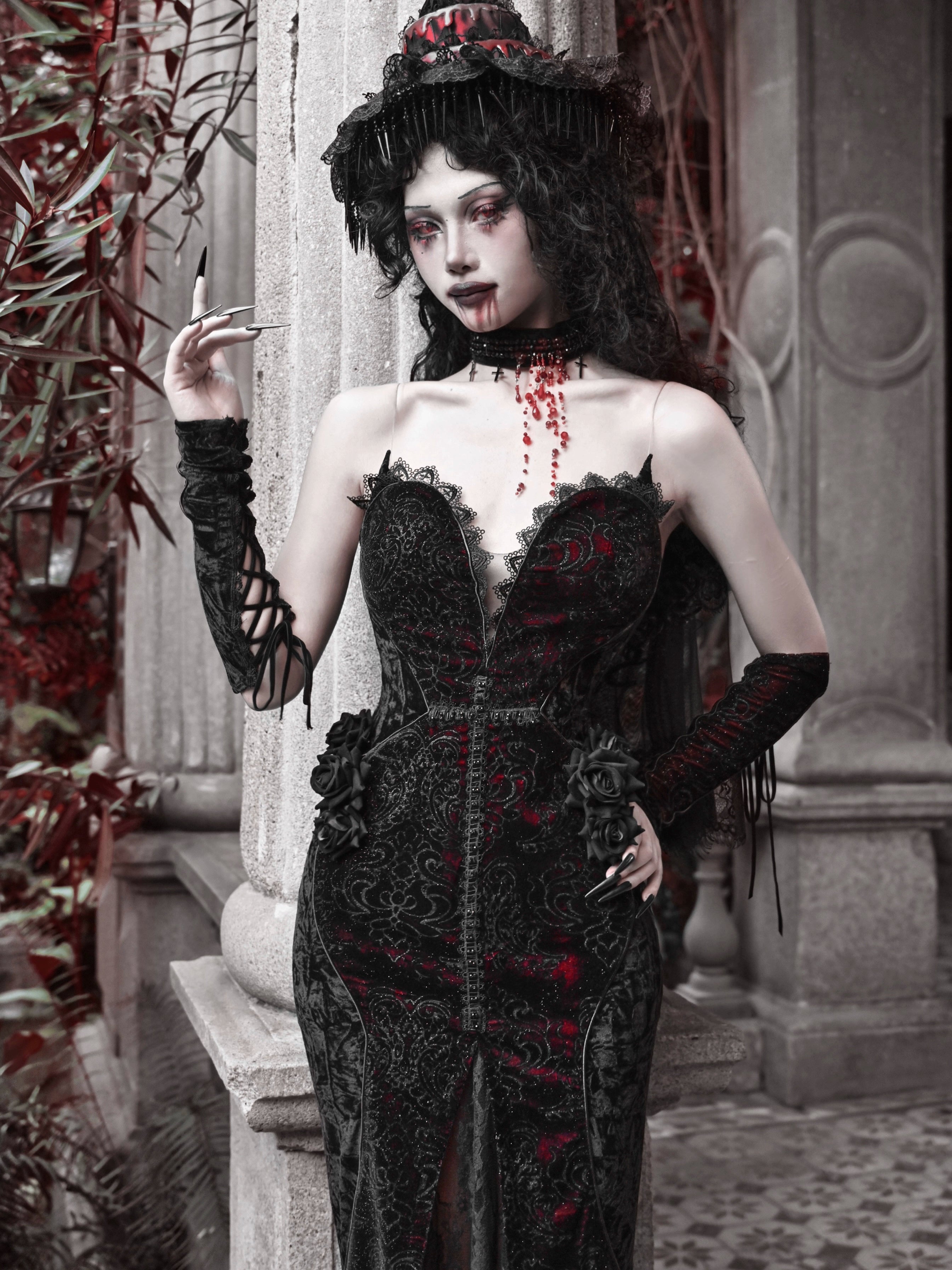 Gothic Black and Red Lace Mermaid Gown