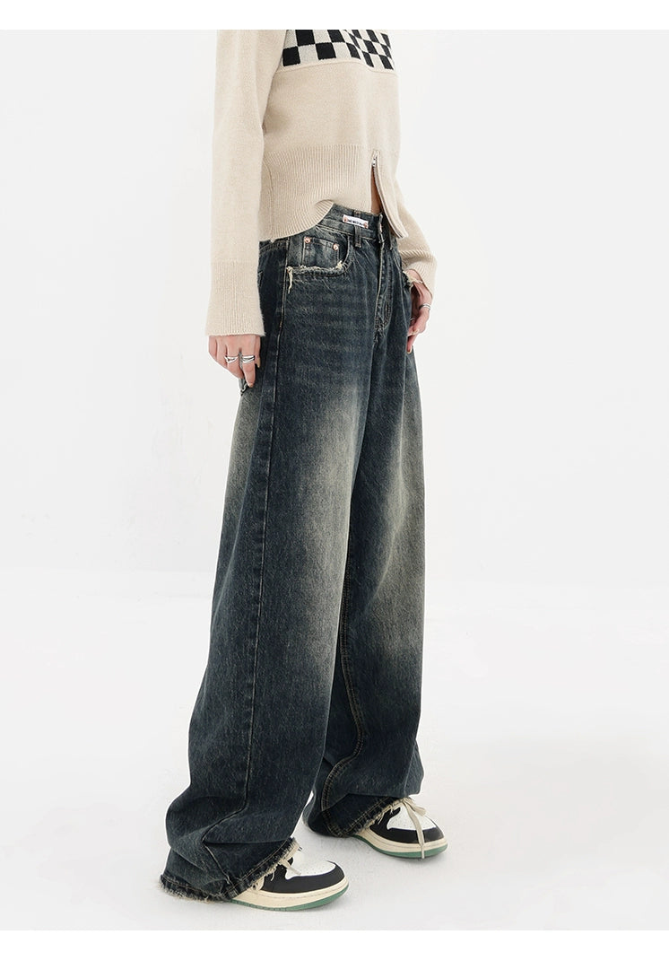 Vintage High Street Deep Blue Wide-Leg Denim Pants - chiclara
