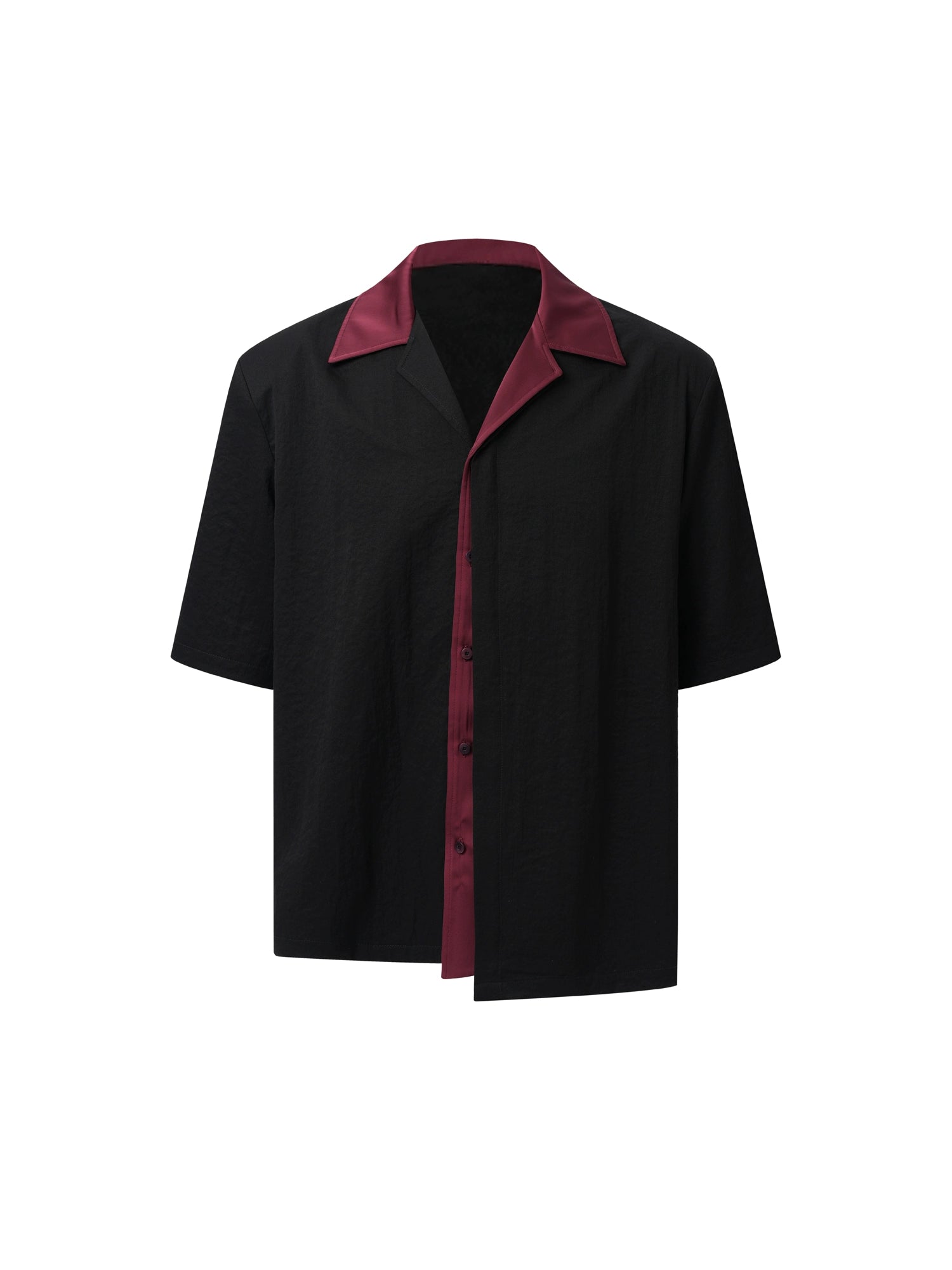 Black Short-Sleeve Button-Up Shirt with Burgundy Collar and Placket