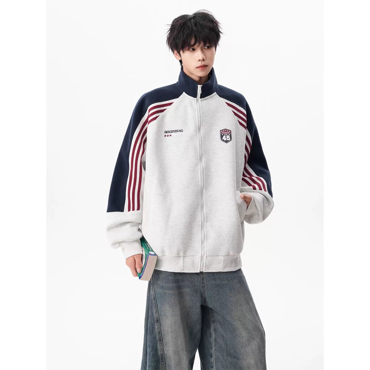Varsity Track Stripe Zip Bomber Sweater