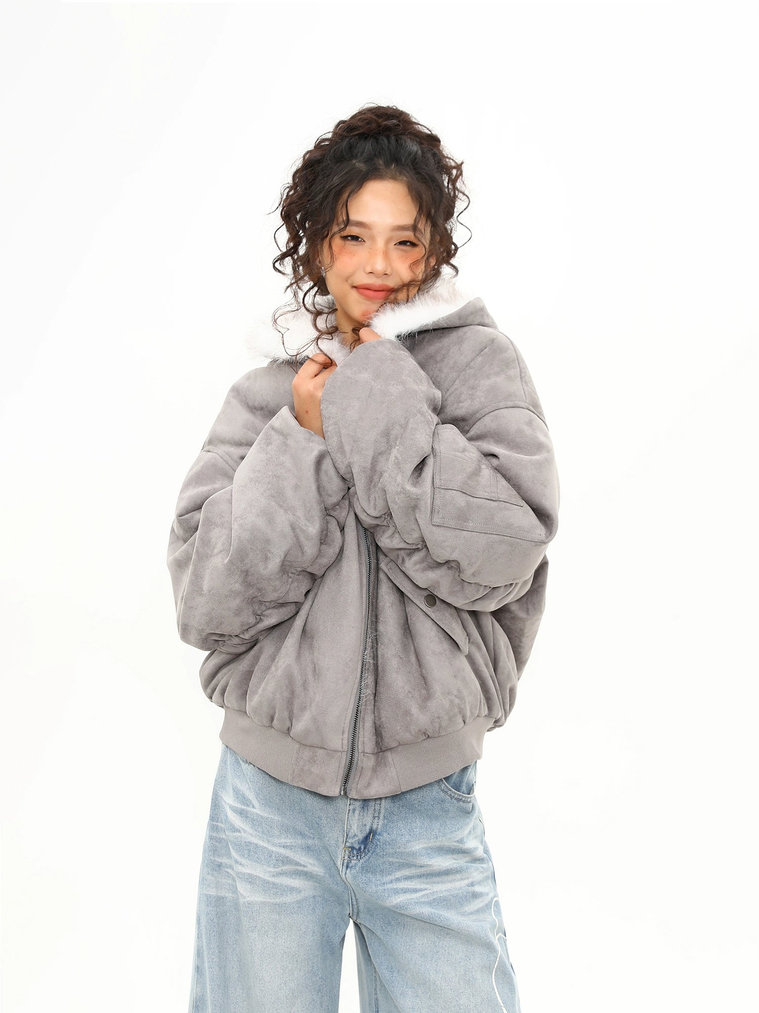 Ash Cloud Faux Fur Collar Bomber Jacket