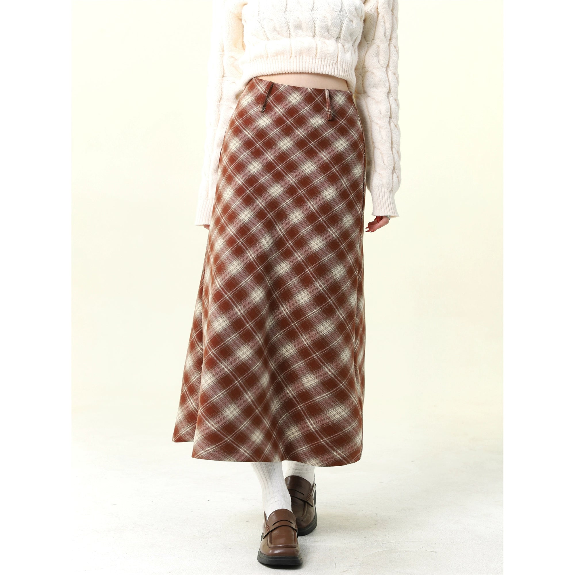 Falda midi de lana a cuadros rojo vintage
