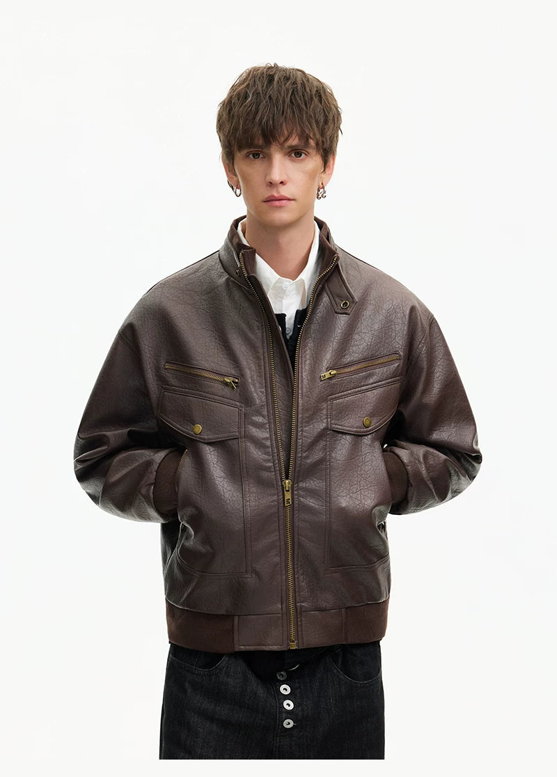 Retro Moto Zip Faux‑Leather Jacket