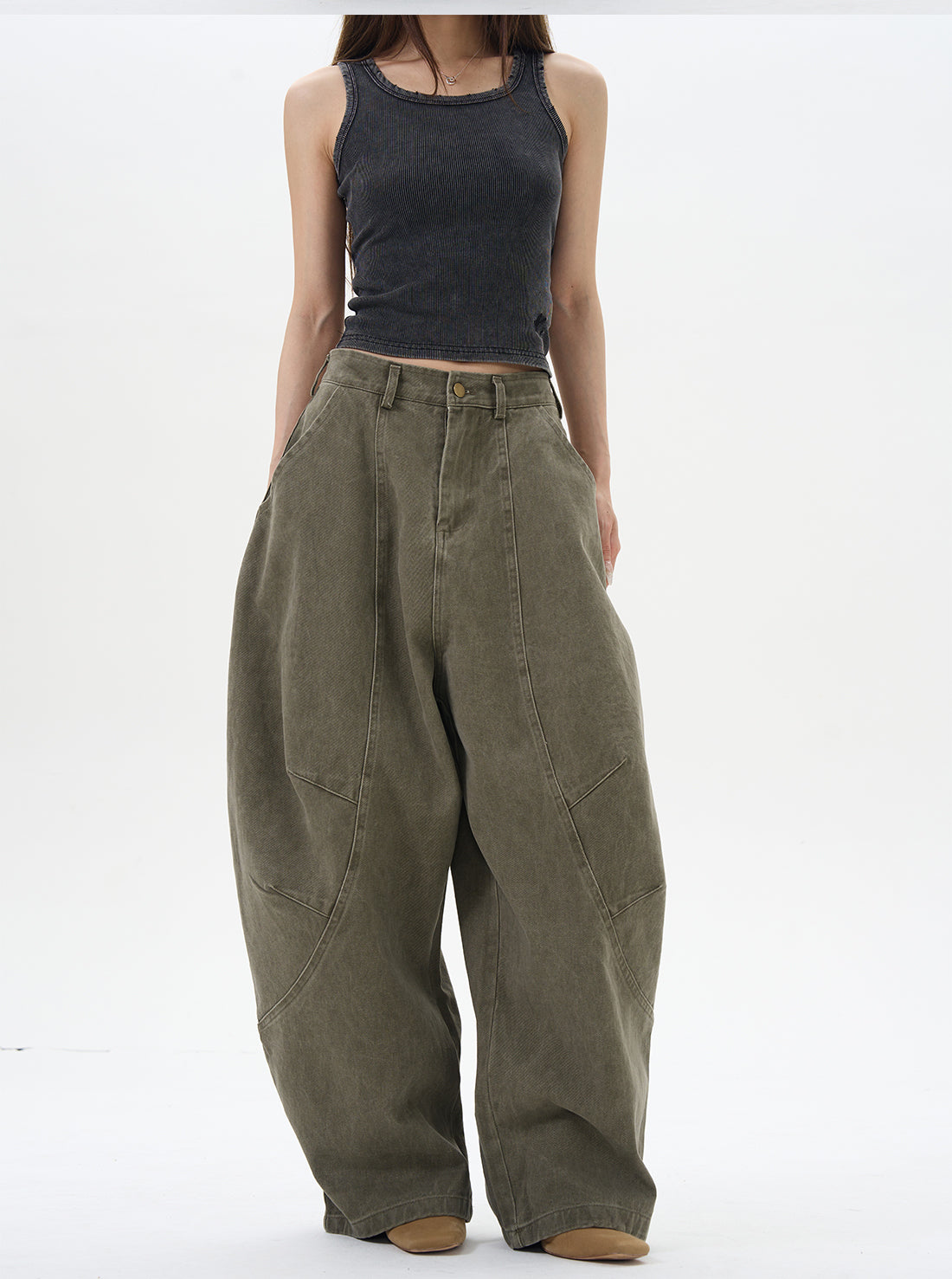 Olive Wide-Leg Cargo Chain Pants