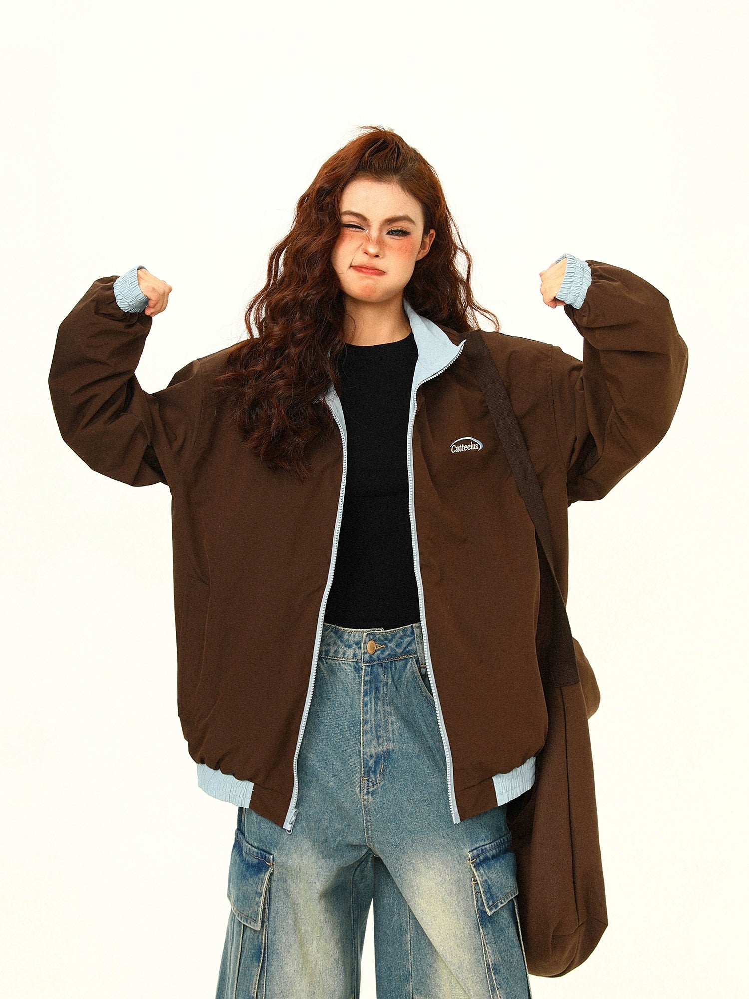 Contrast Collar Brown Bomber Jacket
