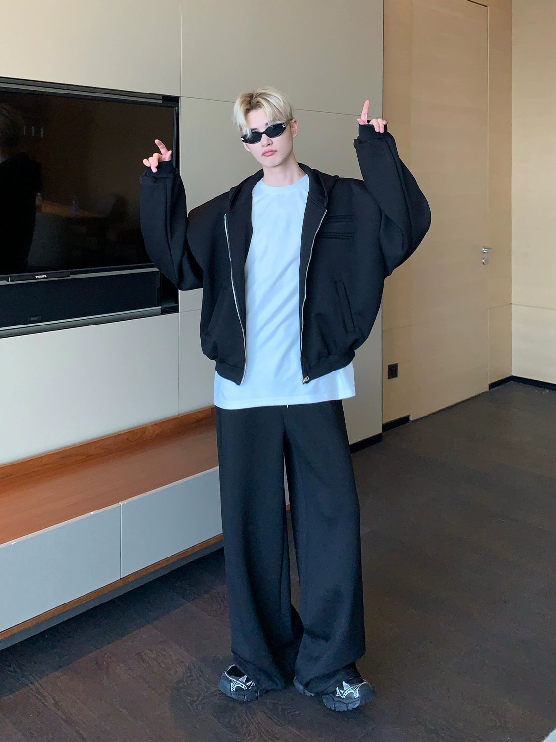 Shoulder-Padded Hoodie Jacket with Straight-Leg Pants Two-Piece Set