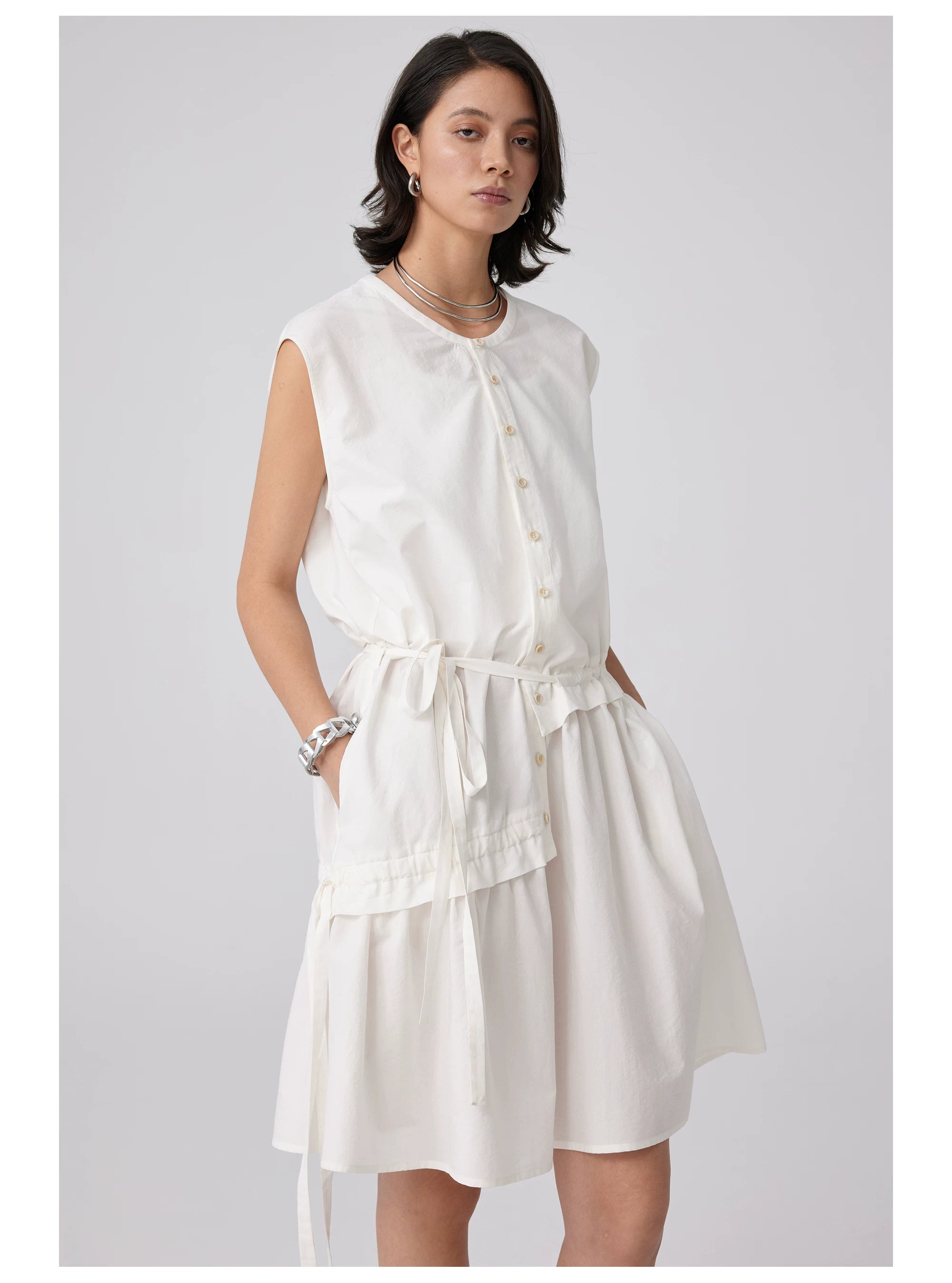 Sleeveless Button-Front Tie-Waist Dress