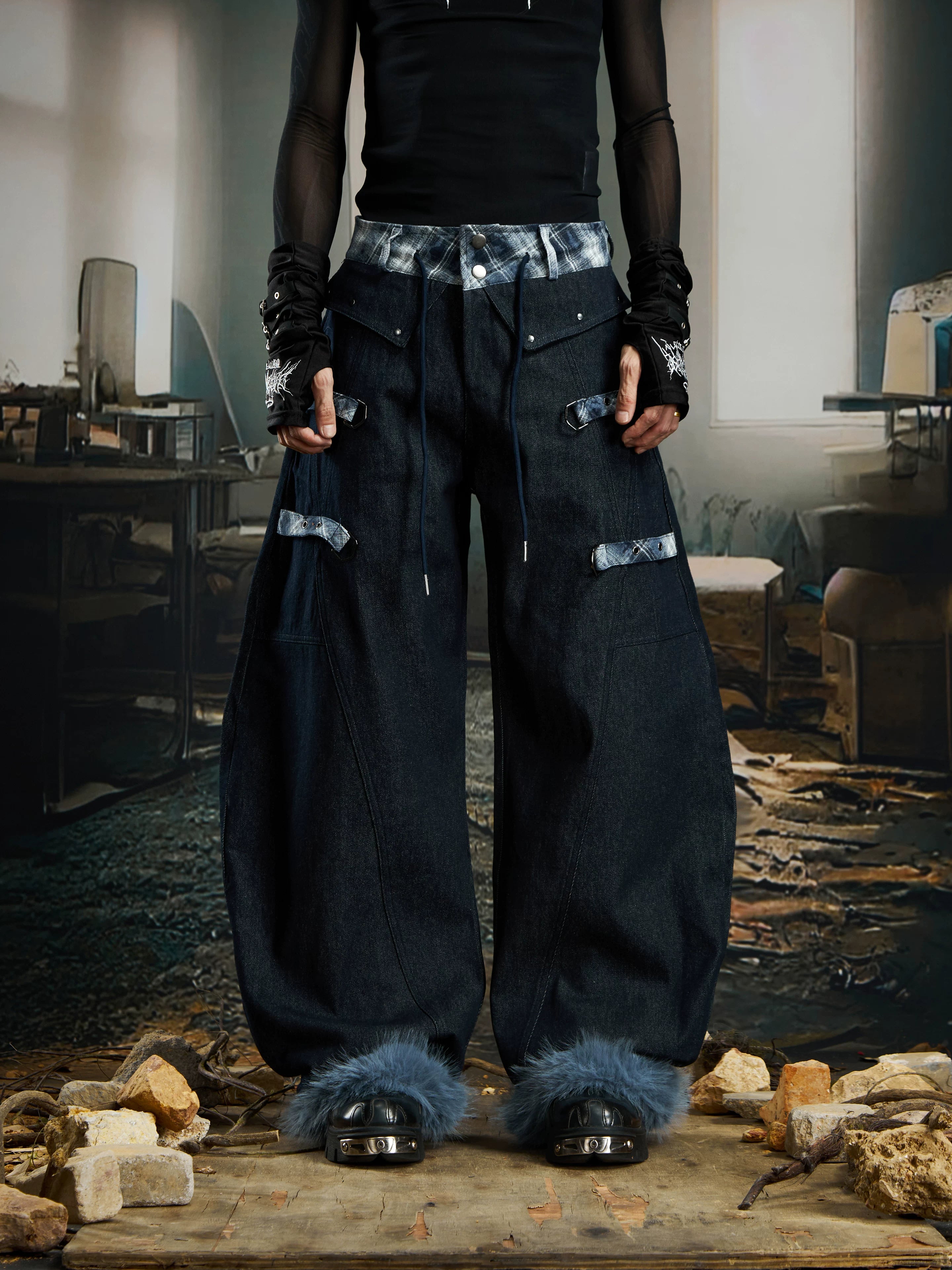 Crimson Plaid Fetters Fur Hem Pants
