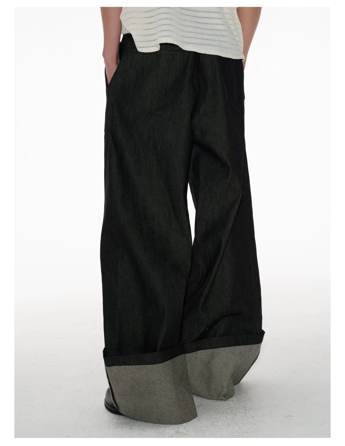 Cuffed Wide-Leg Denim Trousers with Contrast Turn-Up Hem
