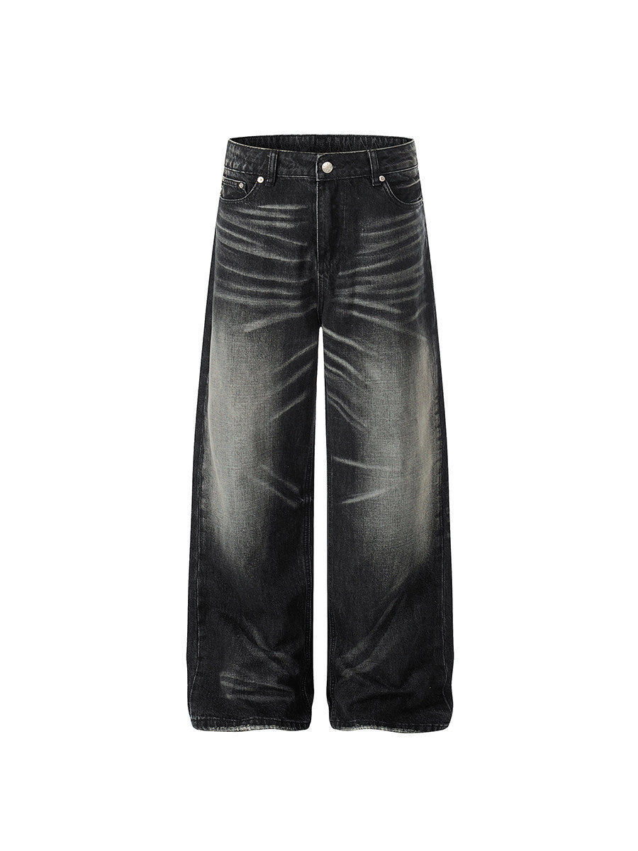Men's Washed Fade Whisker Wide-Leg Jeans
