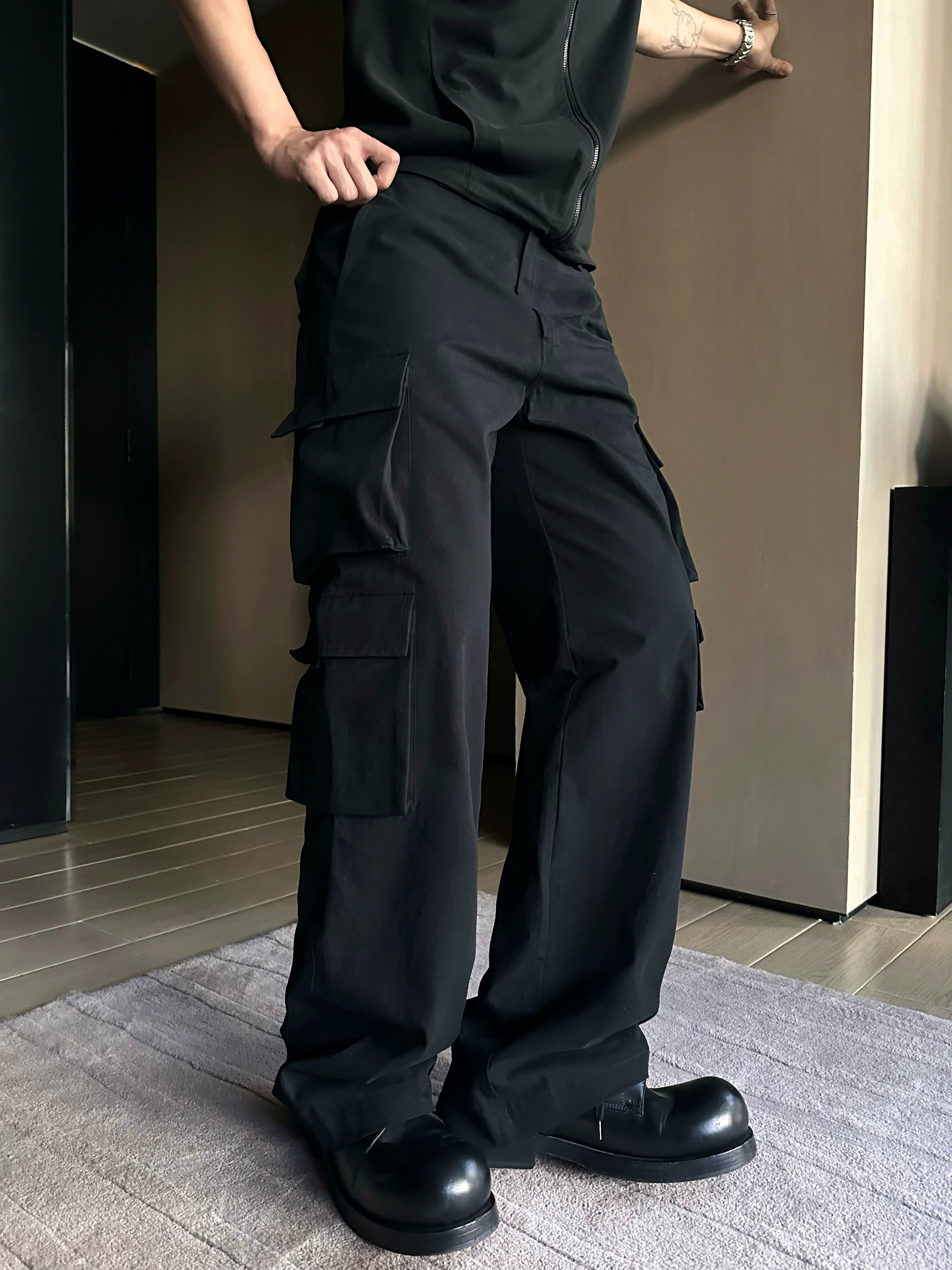Wide Leg Black Tactical Cargo Pants