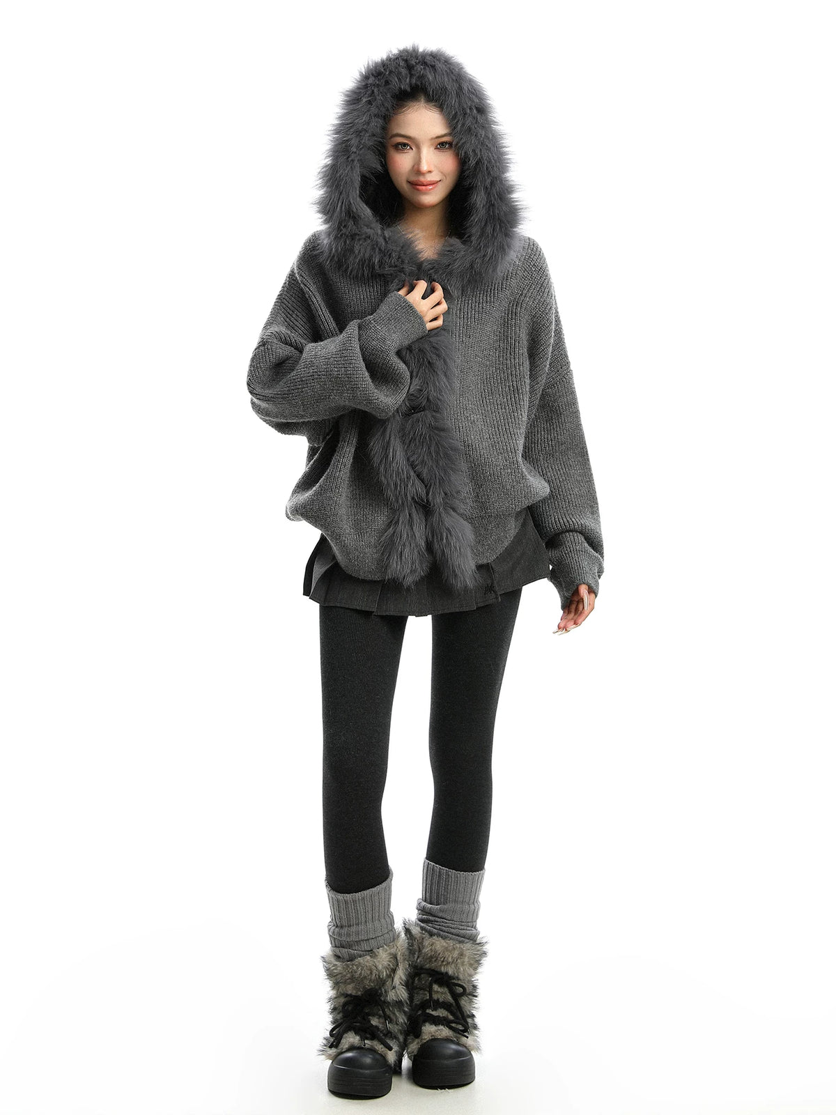 Shadow Luxe Fur-Trim Hooded Knit Cardigan