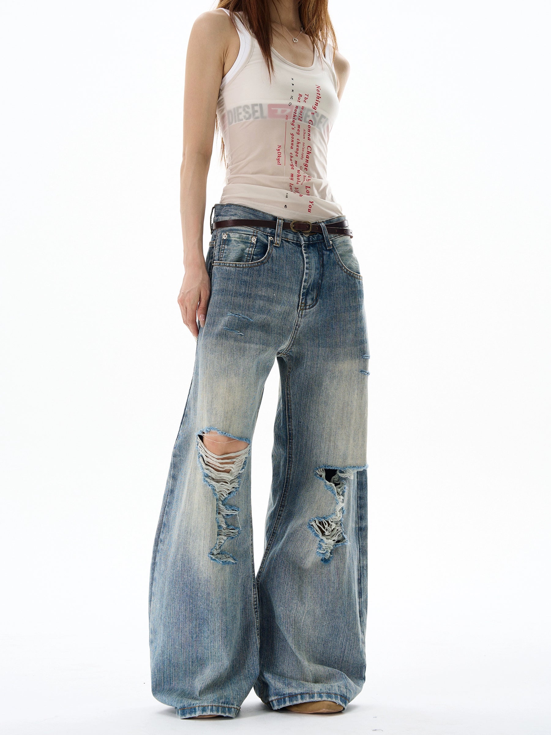 Heavy Knee Distressed Wide Leg Blue Jeans