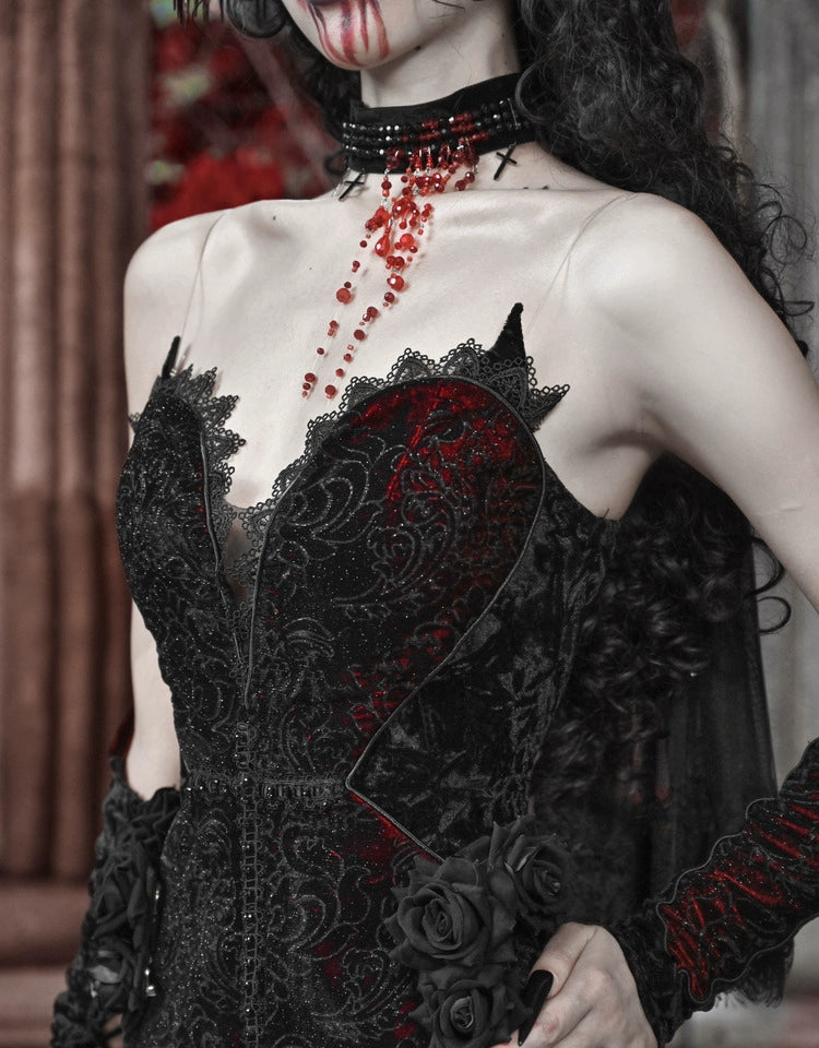 Gothic Black and Red Lace Mermaid Gown