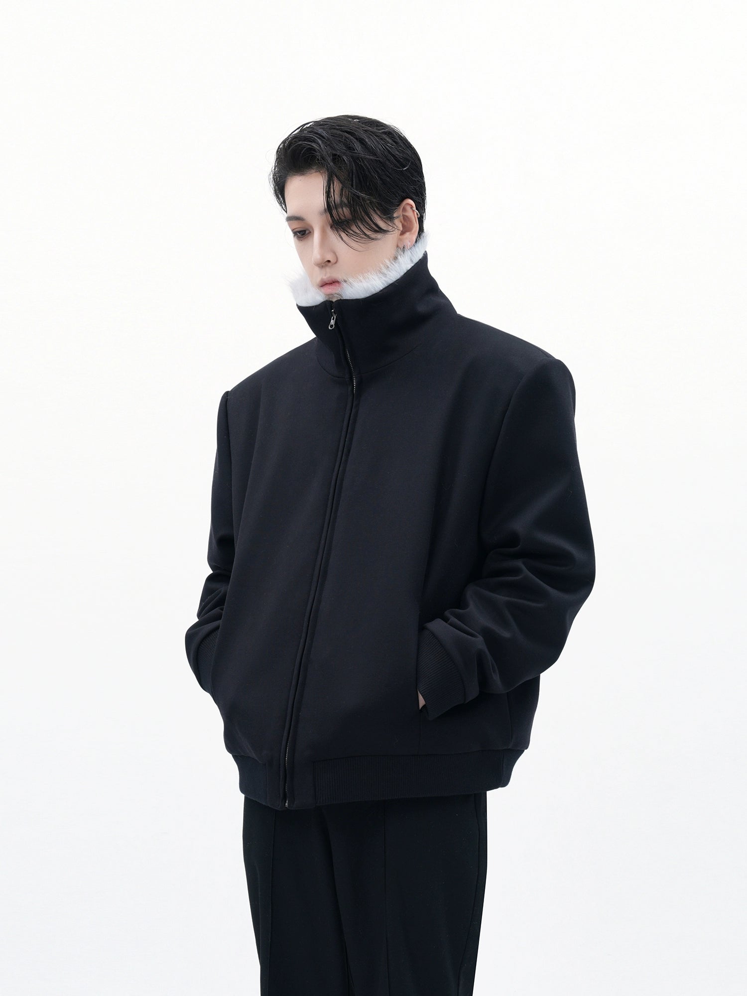 Black Bomber Jacket with Light Grey Faux Fur Collar