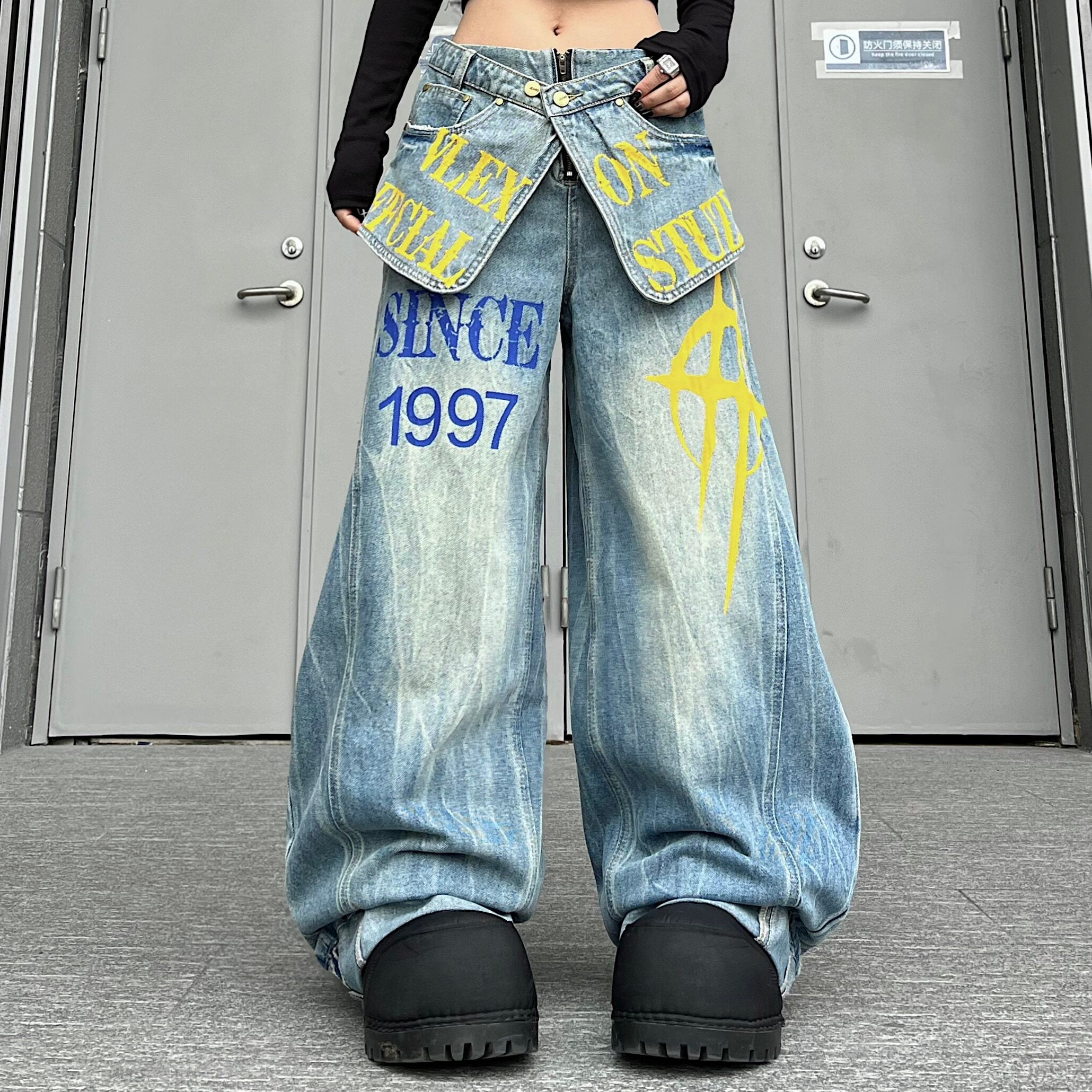 Men's Layered-Look Panel Print Wide-Leg Jeans