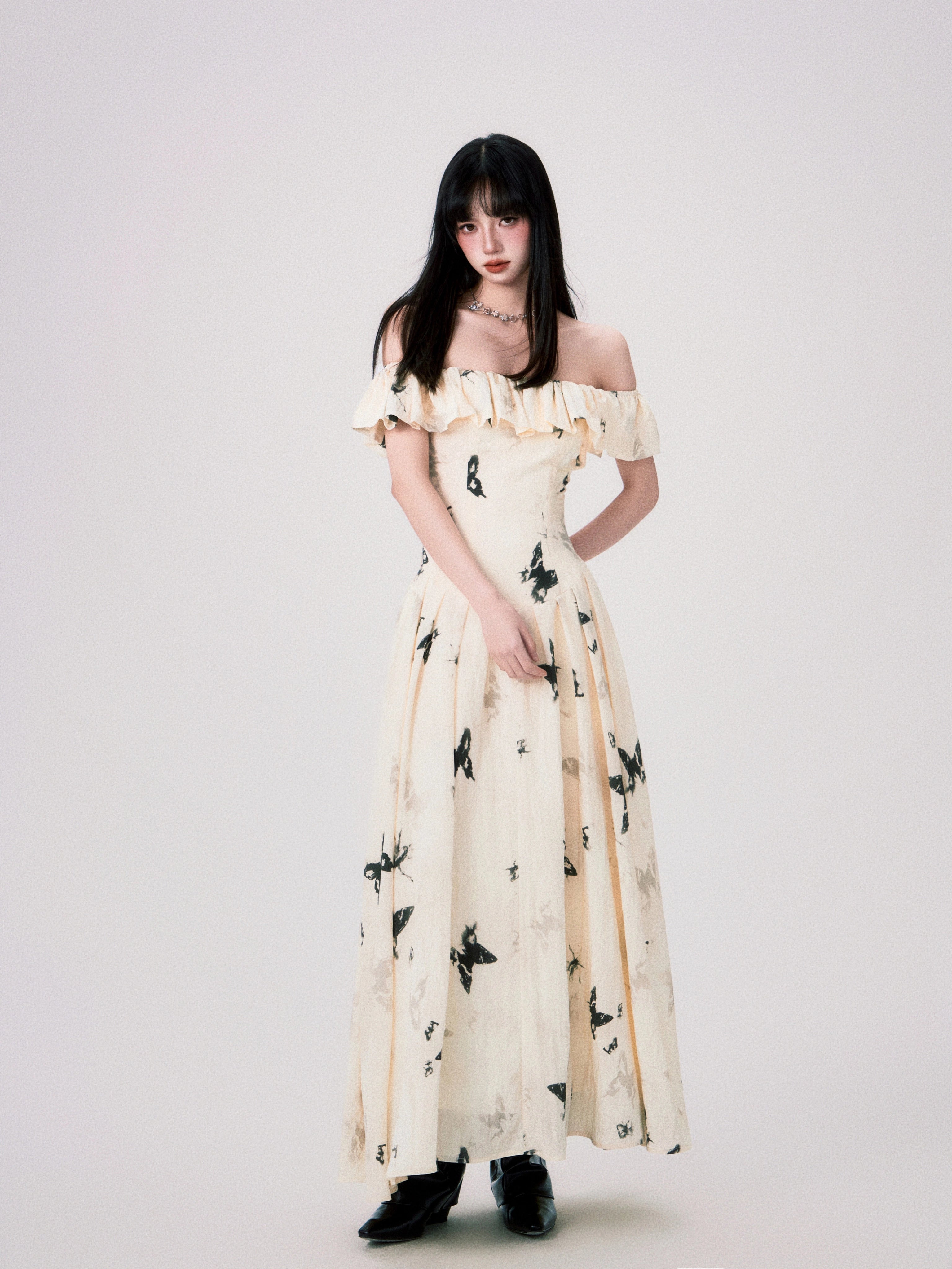 French Ink Butterfly Print Off-Shoulder Dress - chiclara