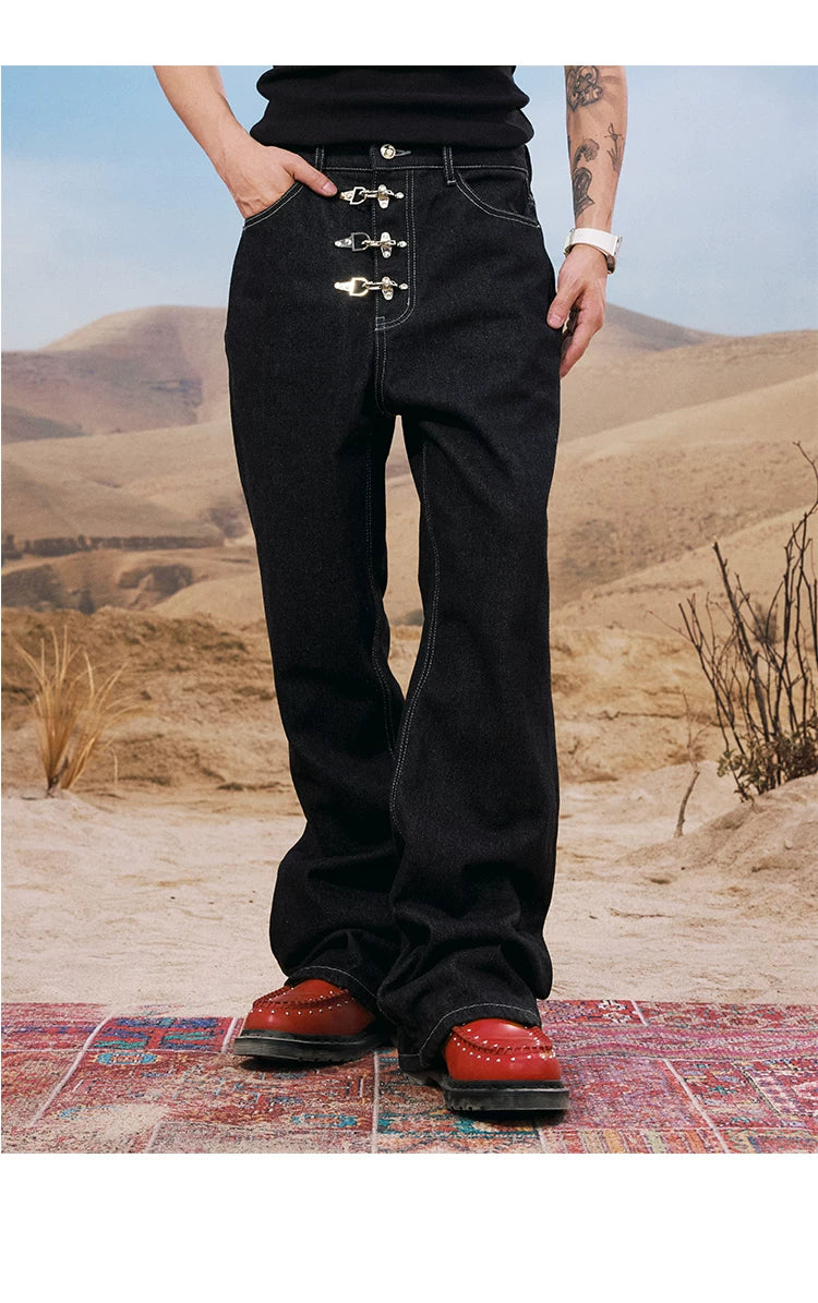 Buckle Embellished Wide Leg Jeans