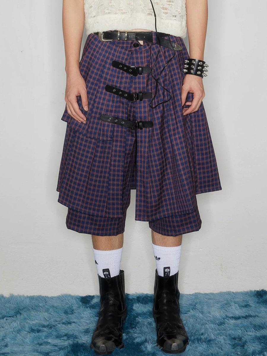 Plaid Buckle-Front Layered Skort - chiclara