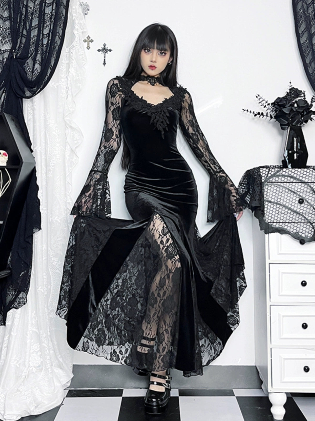 Robe sirène en velours gothique wannathis - robe de plancher en dentelle à manches longues avec collier élevé