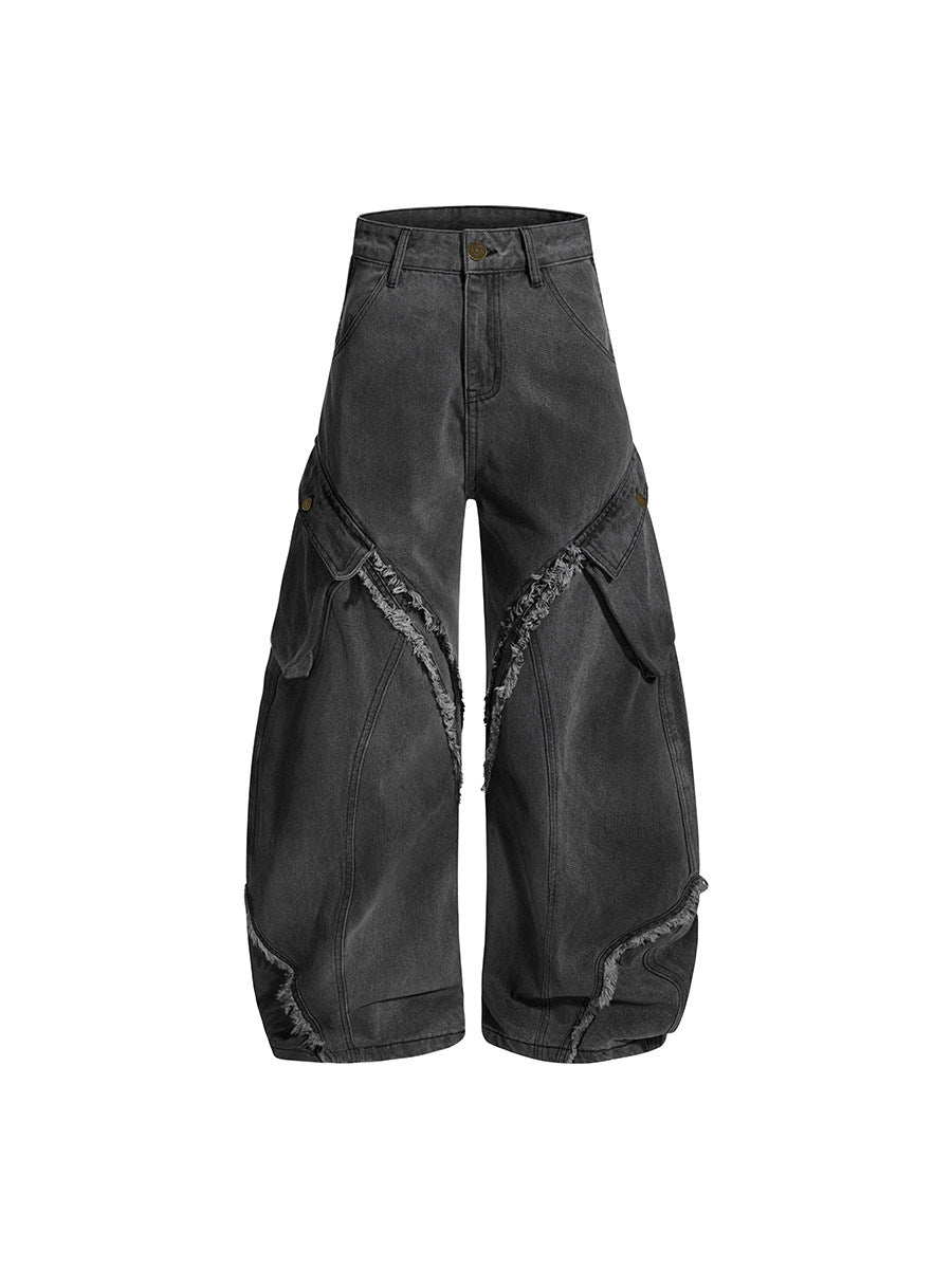 Men's Raw Hem Deconstructed Curved Wide-Leg Jeans