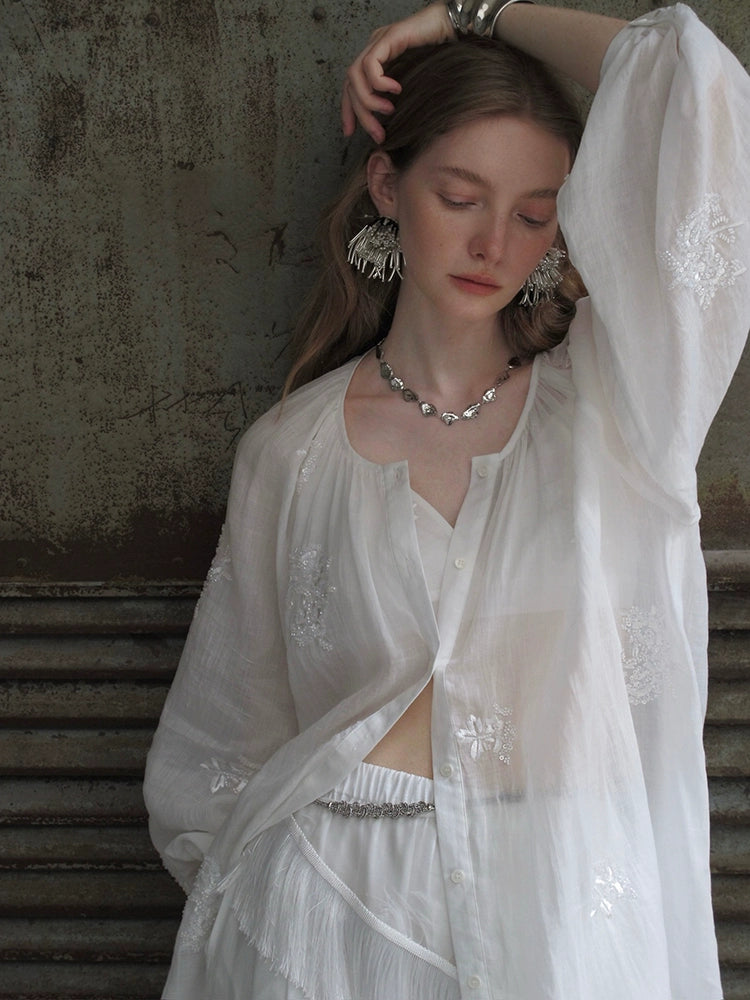 White Embroidered Button-Front Peasant Blouse Shirts / M