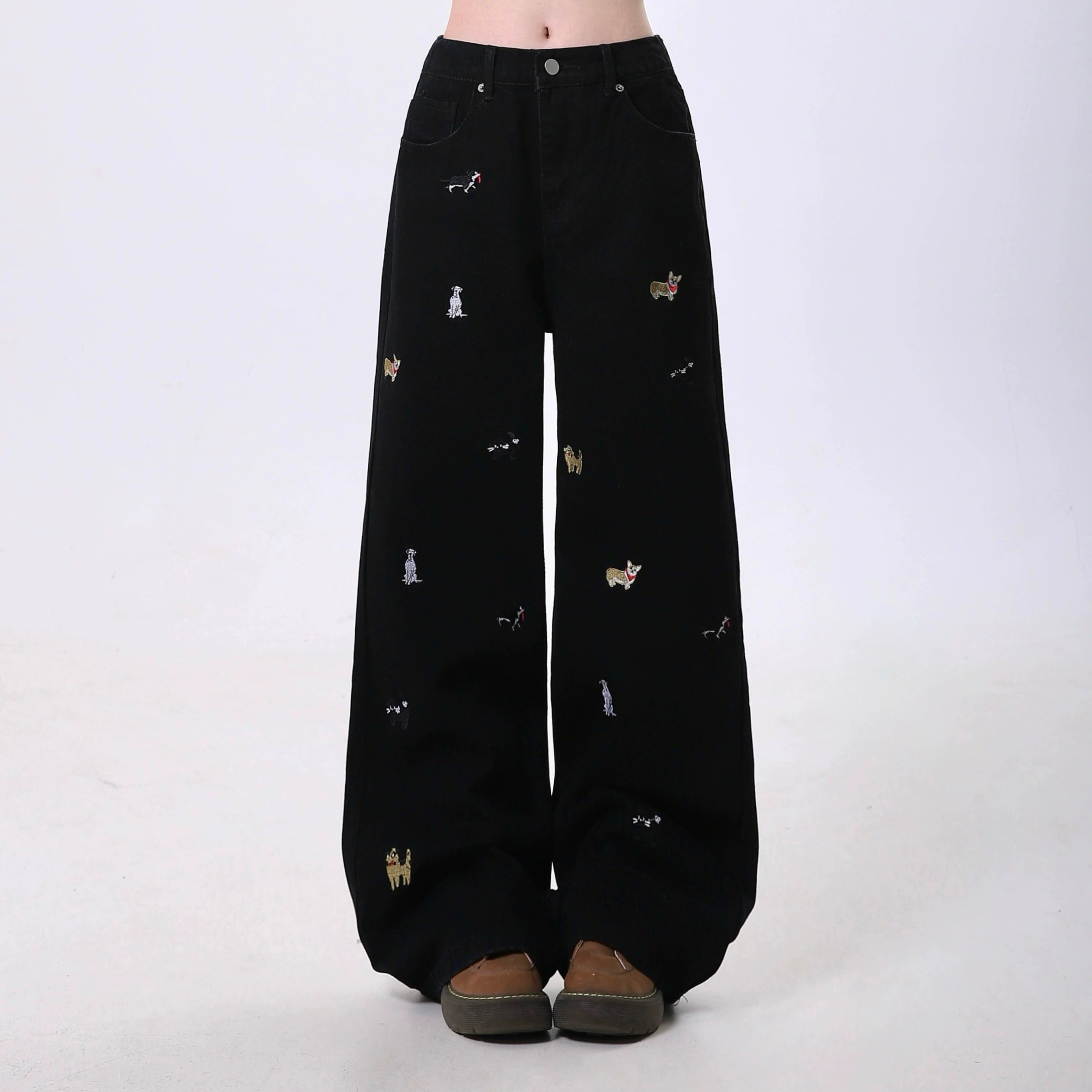 Wide Leg Pants with Dog Pattern Embroidery